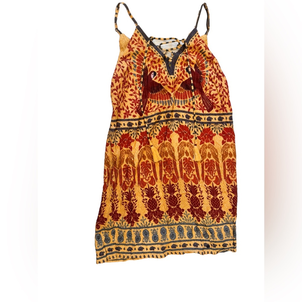 Farm Rio Brazil Tropical Bird Mini Dress Lace Up Tassel Boho Resort S